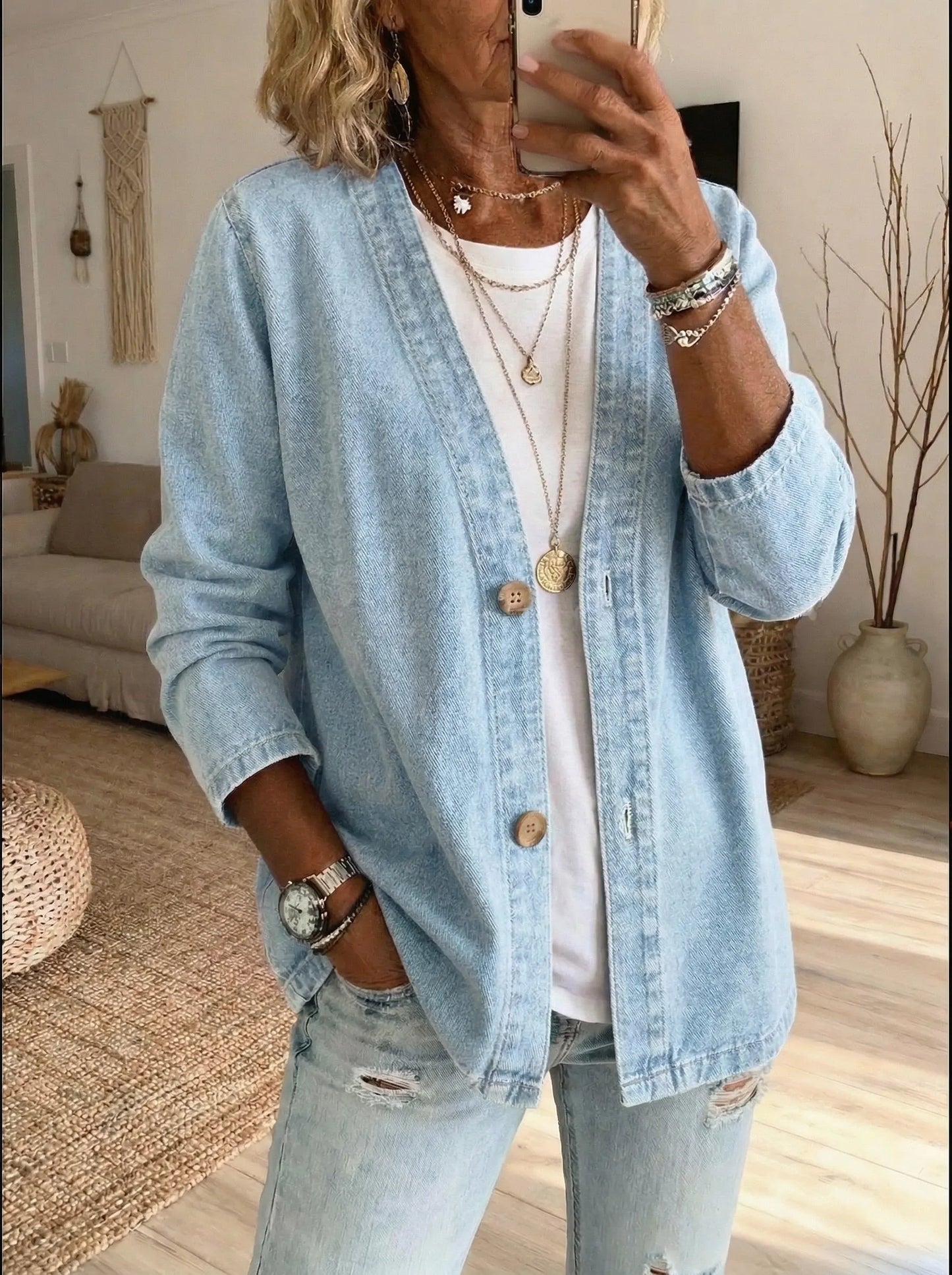 Helama | V Neck Button Front Denim Jacket