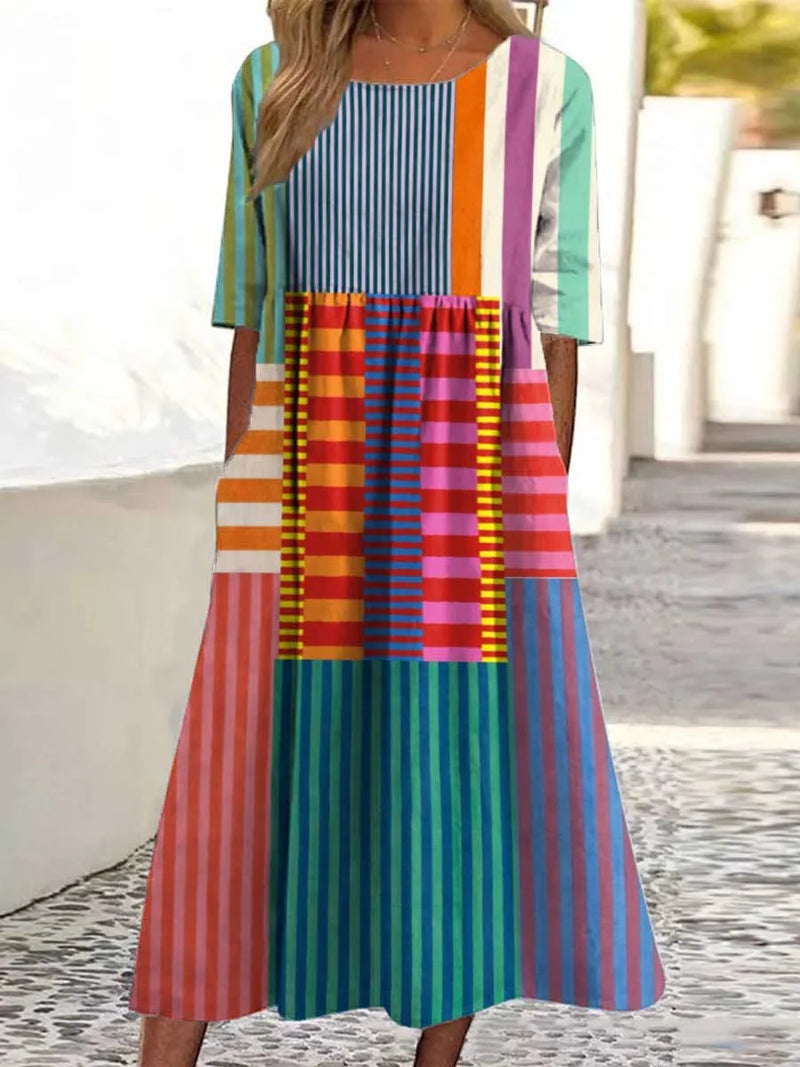 Slavko | Vintage Geometric Pattern V Neck Dress