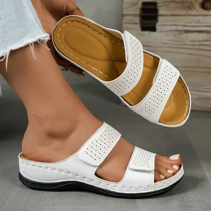 Ellen | Slide Sandals With Perforated Double Straps