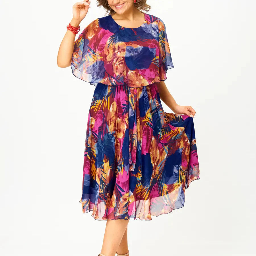 Catarina | Floral Print Layered Sleeve Midi Dress