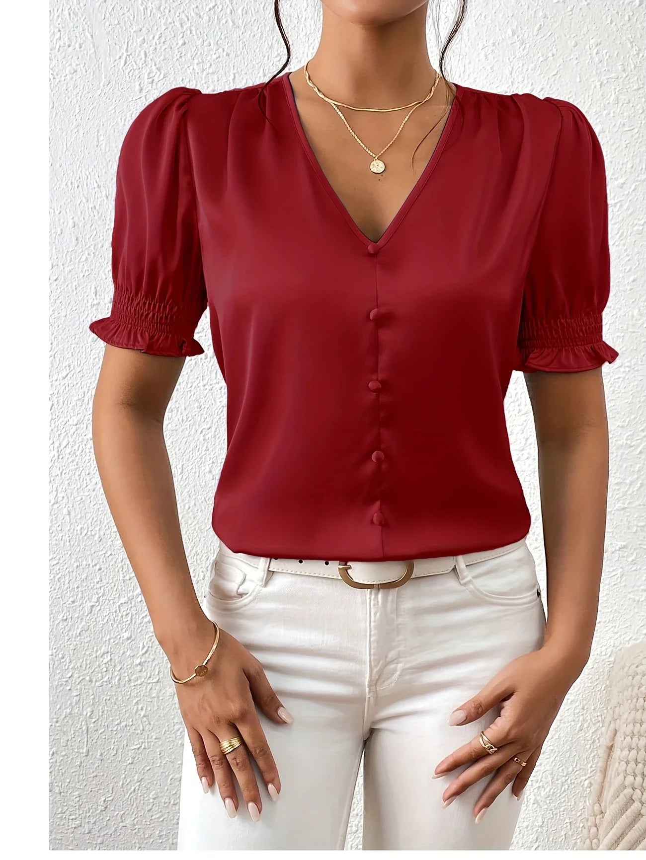 Abella | V-Neck Puff Sleeve Button Blouse