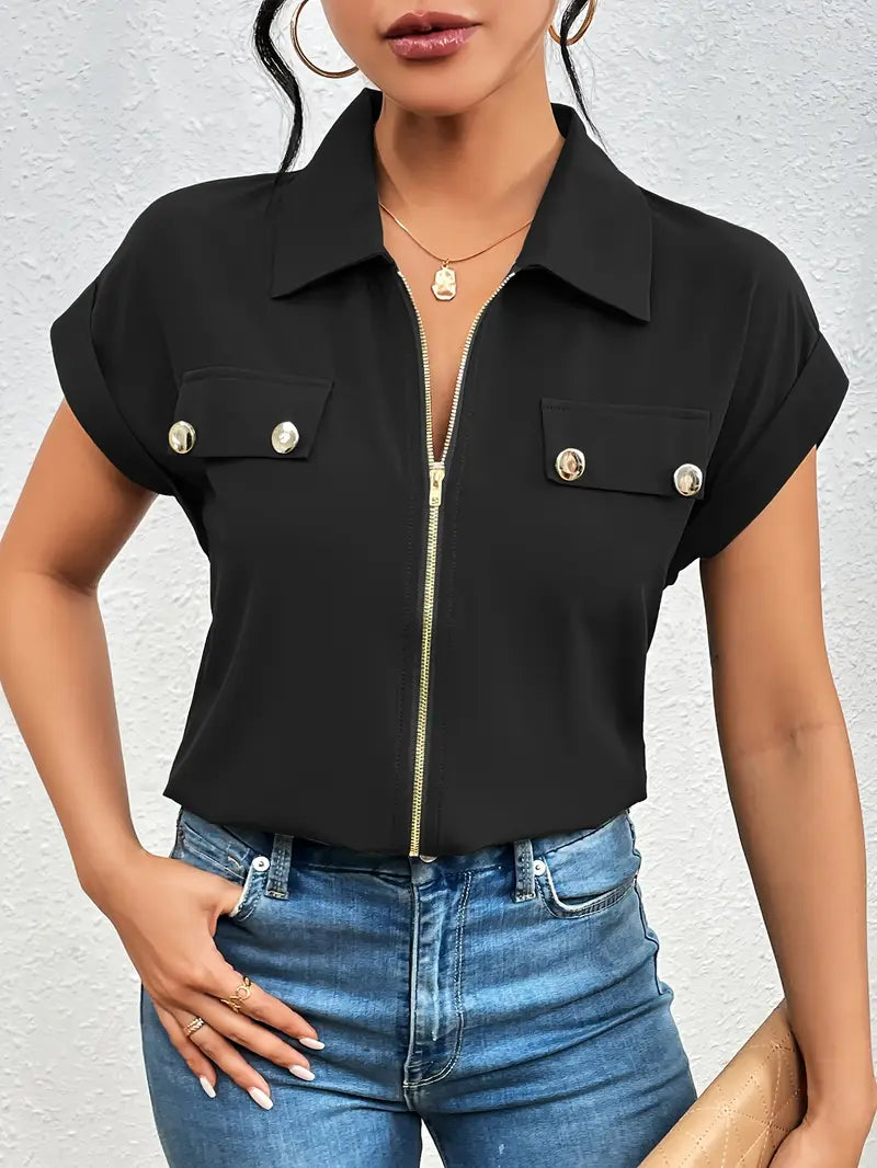 Alfano | Zip Front Collared Short Sleeve Blouse