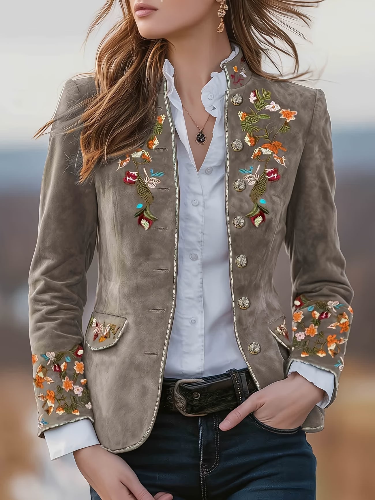 Anisaa | Embroidered Button Front Stand Collar Jacket