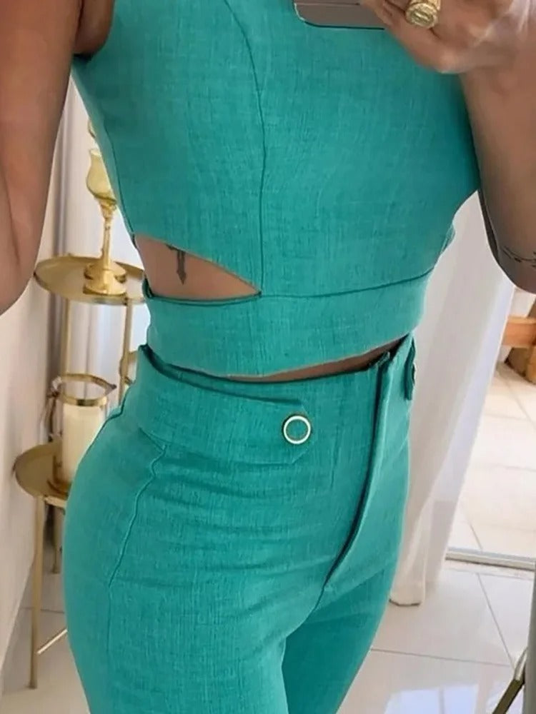 Alwinea - Sleeveless Crop Top Wide Leg Trousers Set