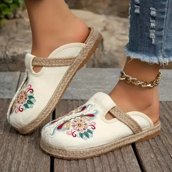 Katy | Floral Embroidered Slip-On Canvas Mules