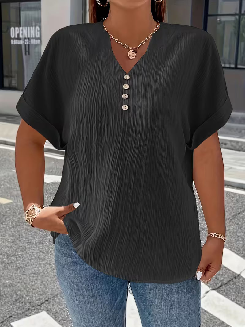 Mrella | T-Shirt with V-Neck Button Front Texture