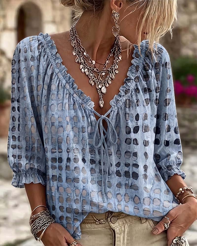 Kesney | Printed Tie Neck Peasant Blouse