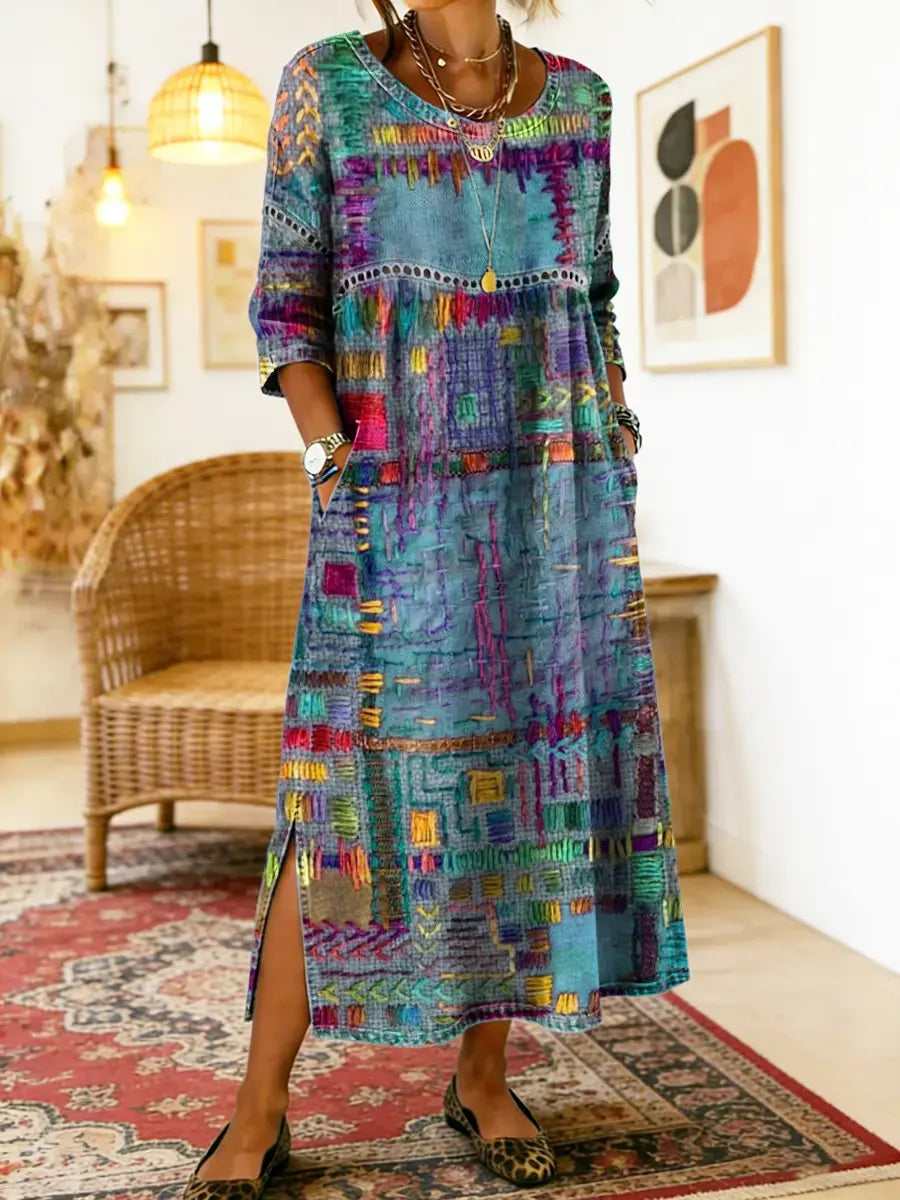Nihada | Midi Dress Round Neck Abstract Print