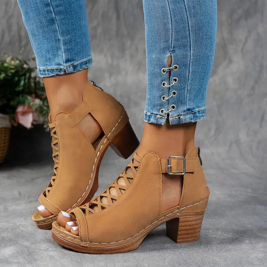 Alexia | Peep Toe Cutout Block Heel Sandals