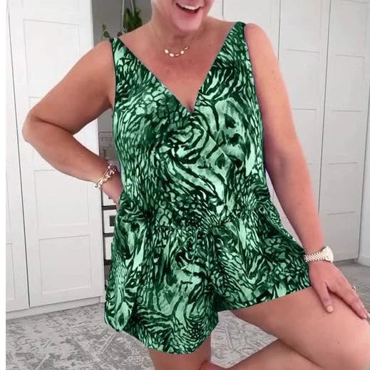 Evdoxia | Sleeveless V-Neck Printed Swim Romper