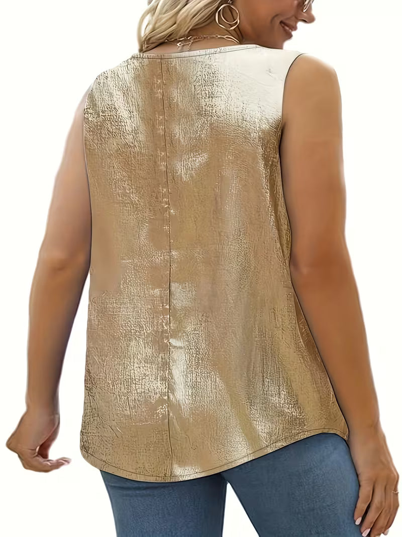 Shivina | Metallic Scoop Neck Pleated Tank Top