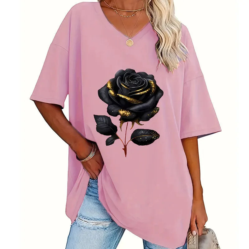 Aijia | T-Shirt Rose Print V-Neck Relaxed Fit