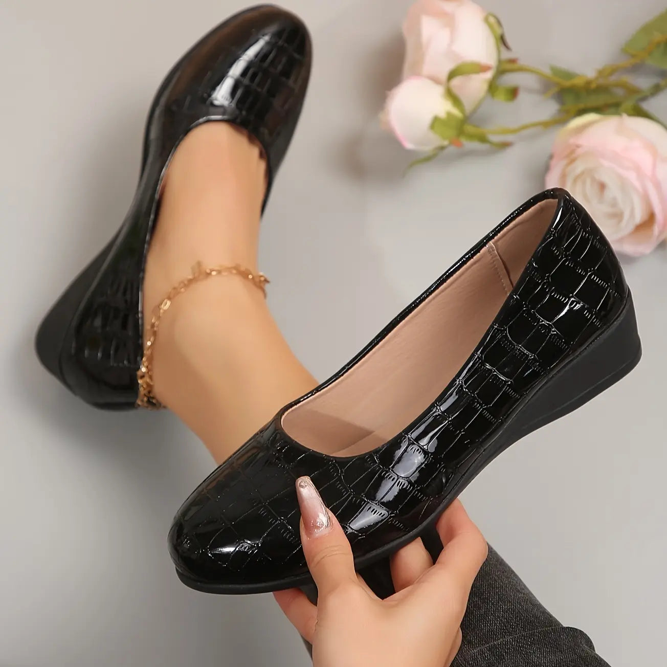 Rebekah - Wedge Slip On Crocodile Pattern Flats