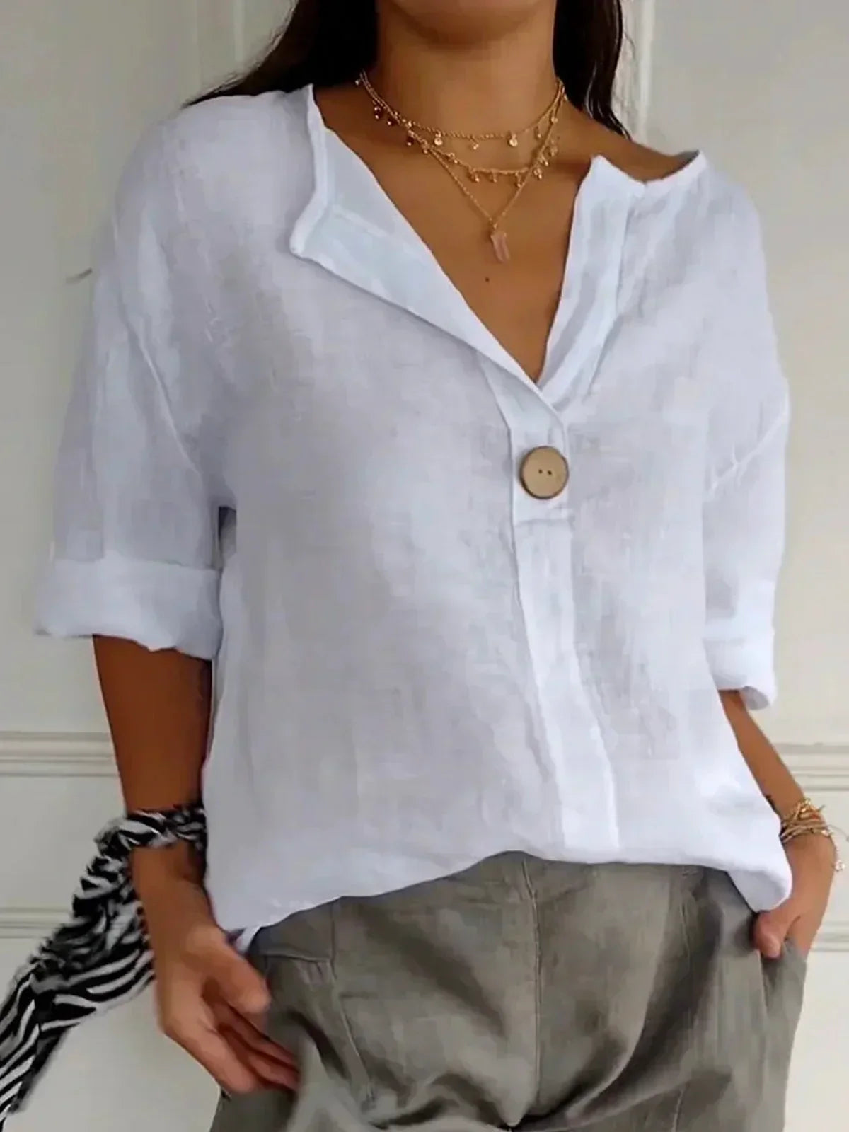 Yvonna | Loose V-Neck Button Blouse