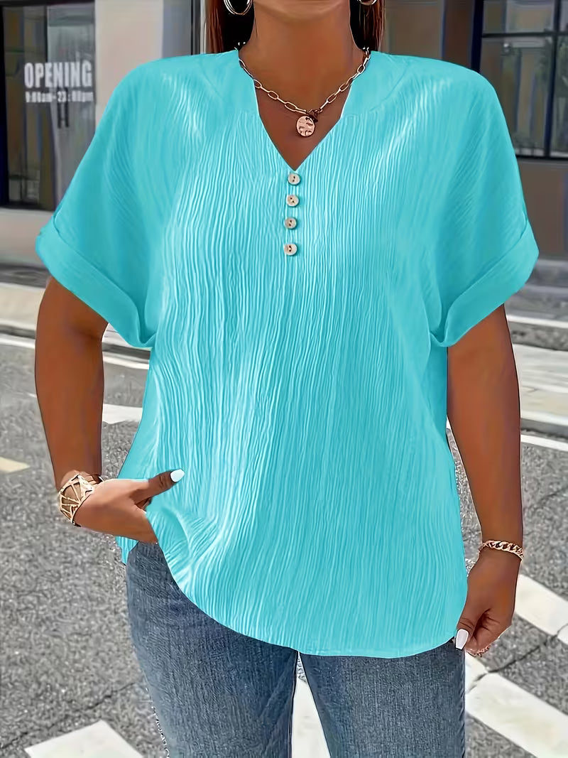 Mrella | T-Shirt with V-Neck Button Front Texture