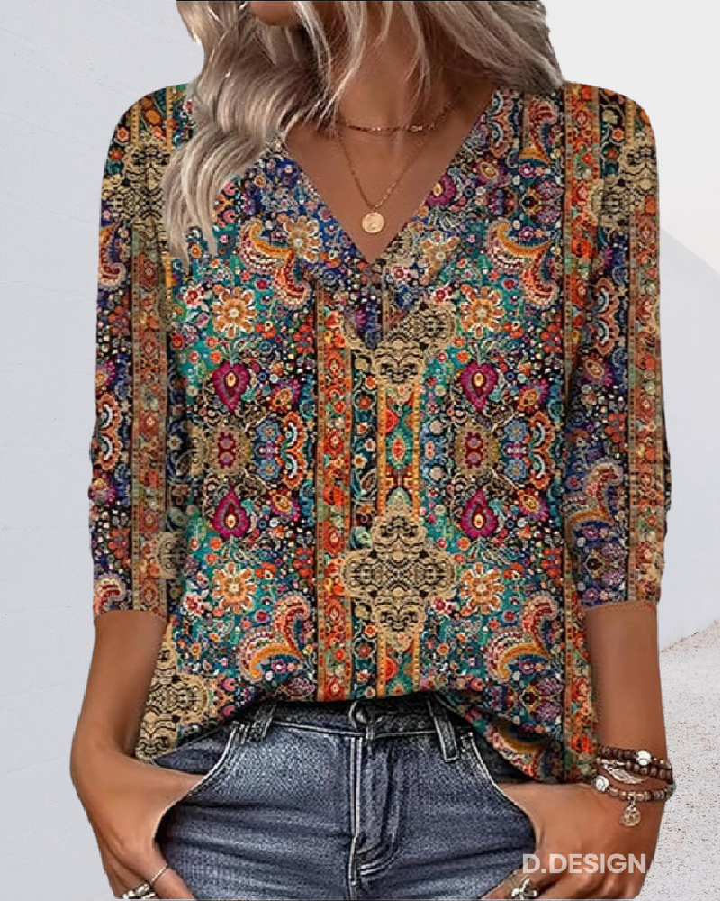 Eleeza | Blouse Retro Print V Neck