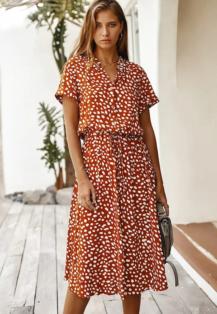 Carine | V Neck Short Sleeve Printed Dress