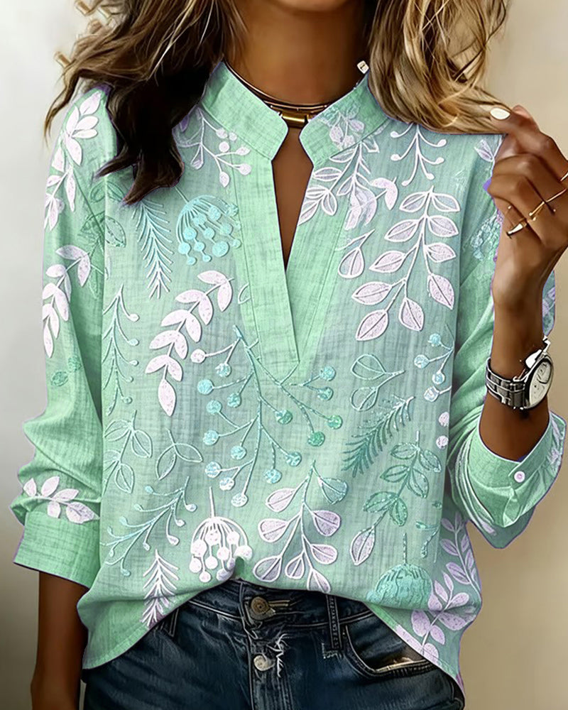 Adanna | Blouse With Split Neck Botanical Print