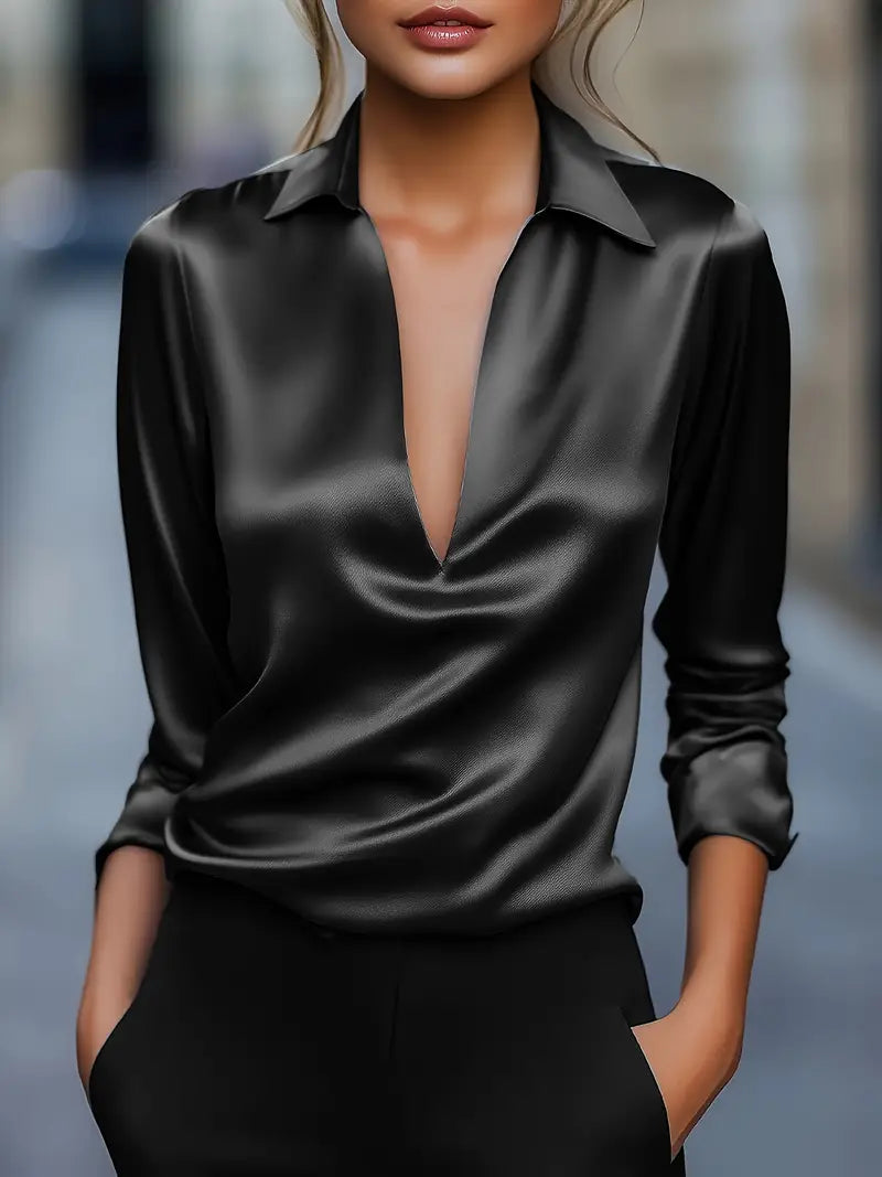 Lianyandra | V-Neck Satin Blouse in Light Pink