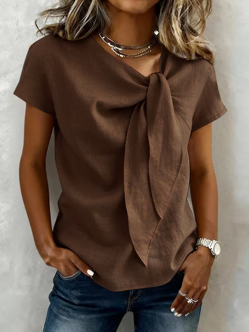 Jovea | Draped Tie-Neck Short Sleeve Top
