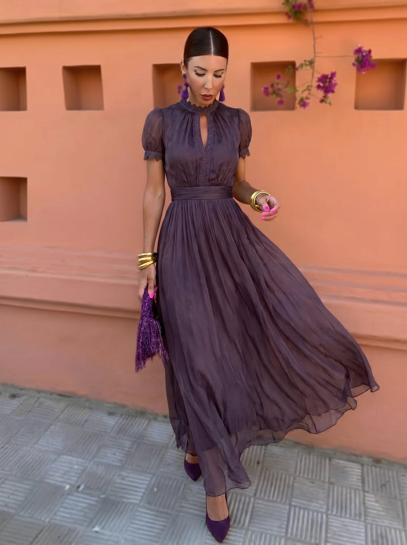 Eshley | Maxi Dress Purple Short Sleeve Pleated