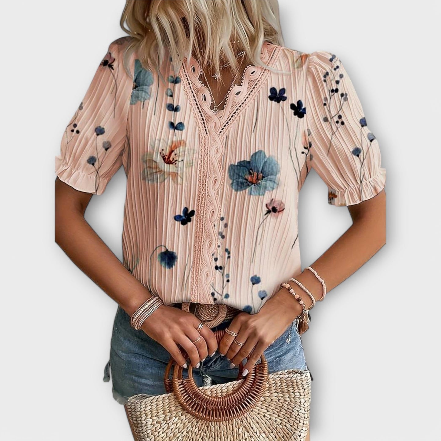 Bruni | Floral Print V Neck Lace Blouse