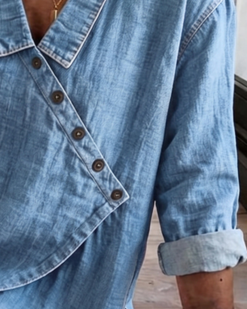 Olizia | Denim-Style Wrap V-Neck Long Sleeve Blouse