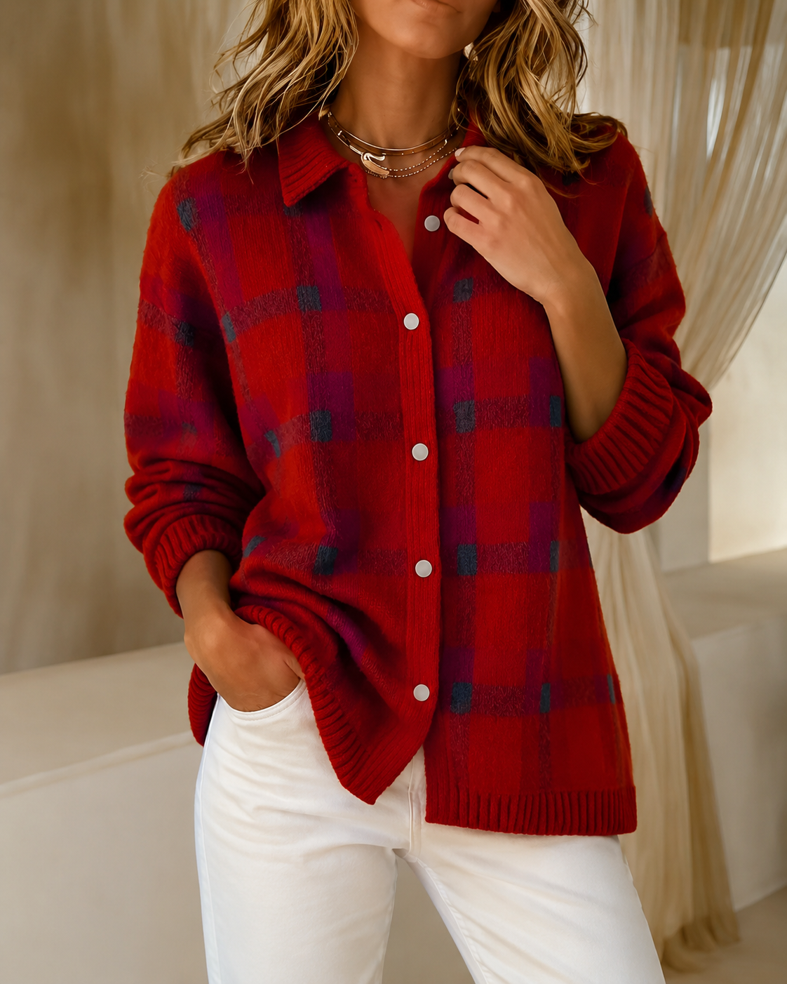 Liselotte | Cardigan With Plaid Pattern and Long Sleeves
