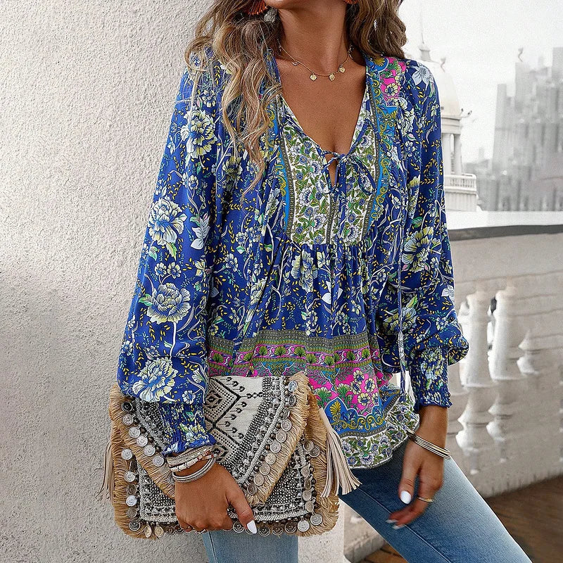 Sallie - Printed Peasant Blouse Long Sleeve Top