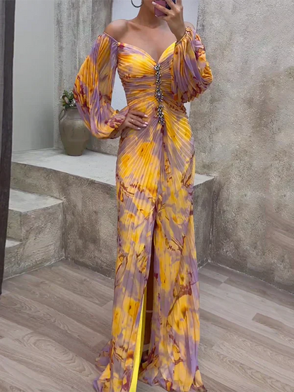 Hileni | Off Shoulder Printed Pleated Maxi Dress