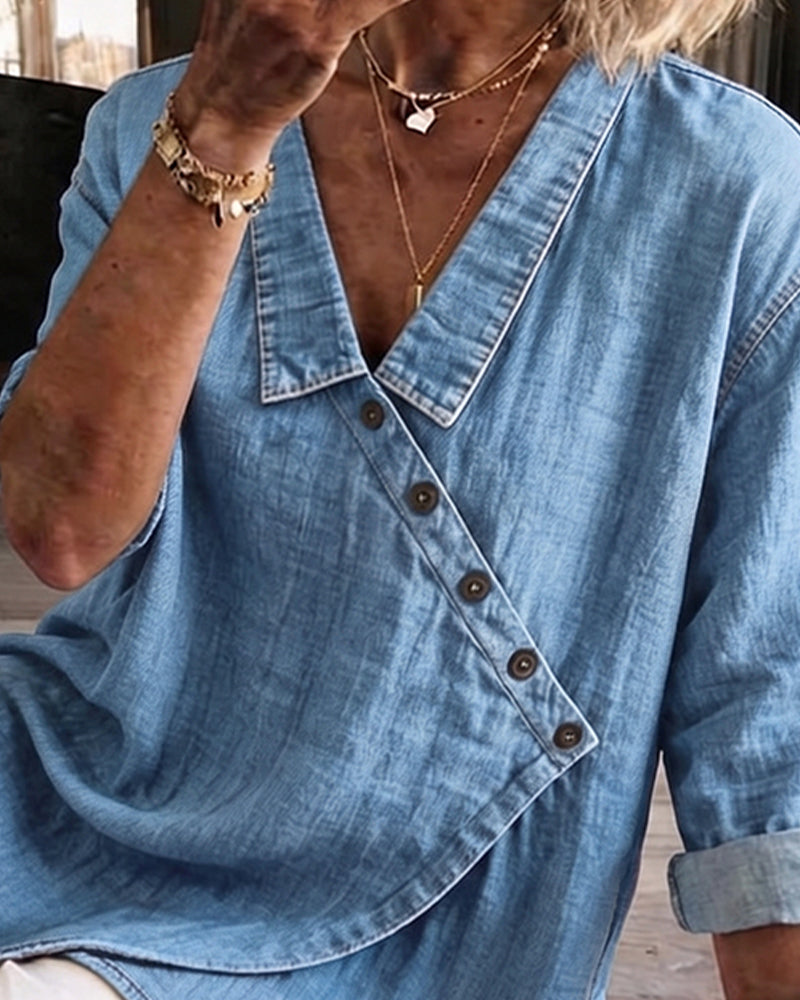 Olizia | Denim-Style Wrap V-Neck Long Sleeve Blouse