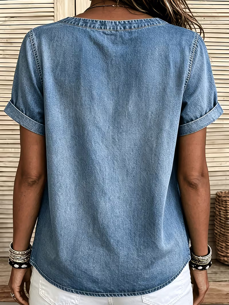 Ferina | Distressed Denim Look Short Sleeve Top