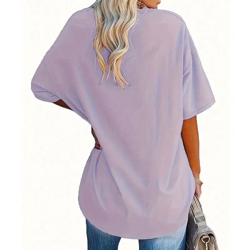 Aijia | T-Shirt Rose Print V-Neck Relaxed Fit