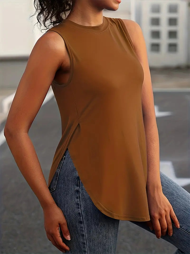 Desirae | Solid Sleeveless Crew Neck Tunic Top