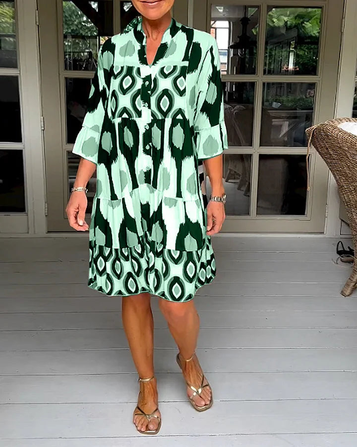 kinza | Printed V Neck Button Front Dress