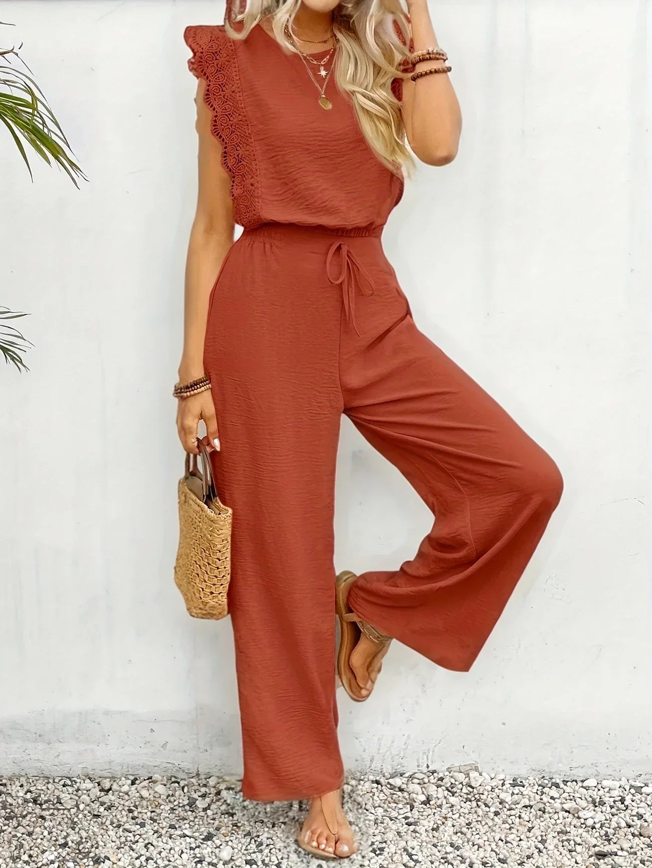 Ziva | Lace Trim Wide Leg Jumpsuit
