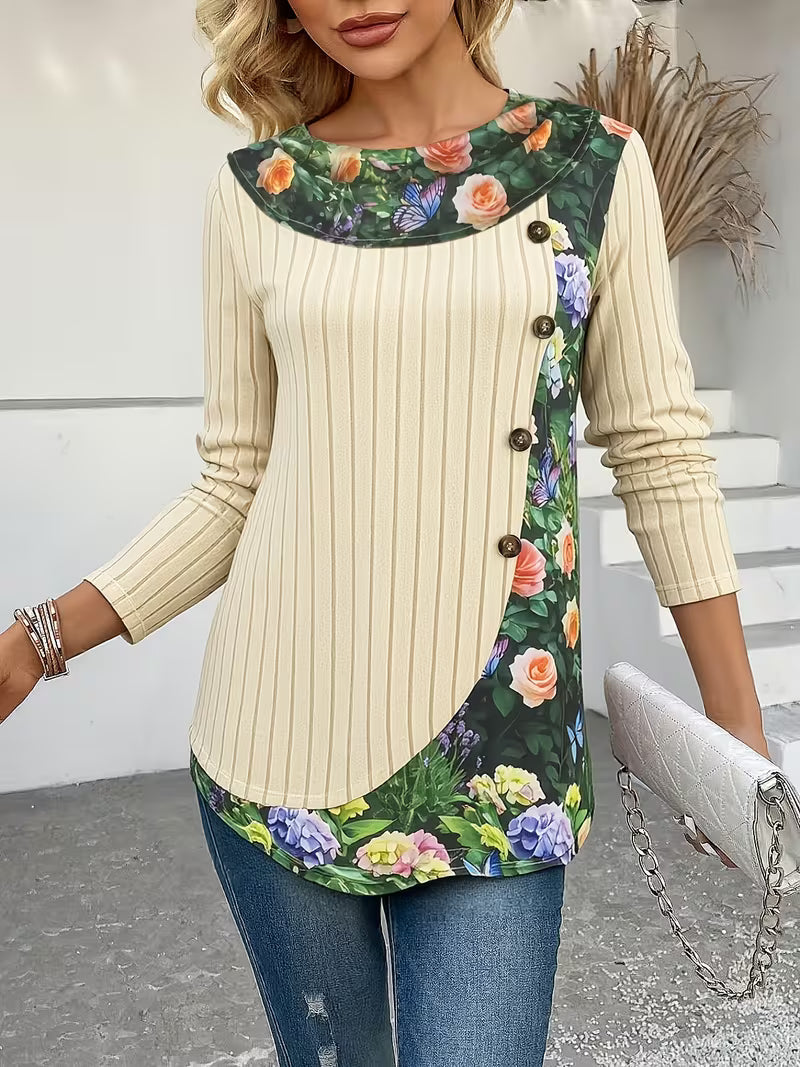 Florilitha | Ribbed Long Sleeve Printed Button Detail Top
