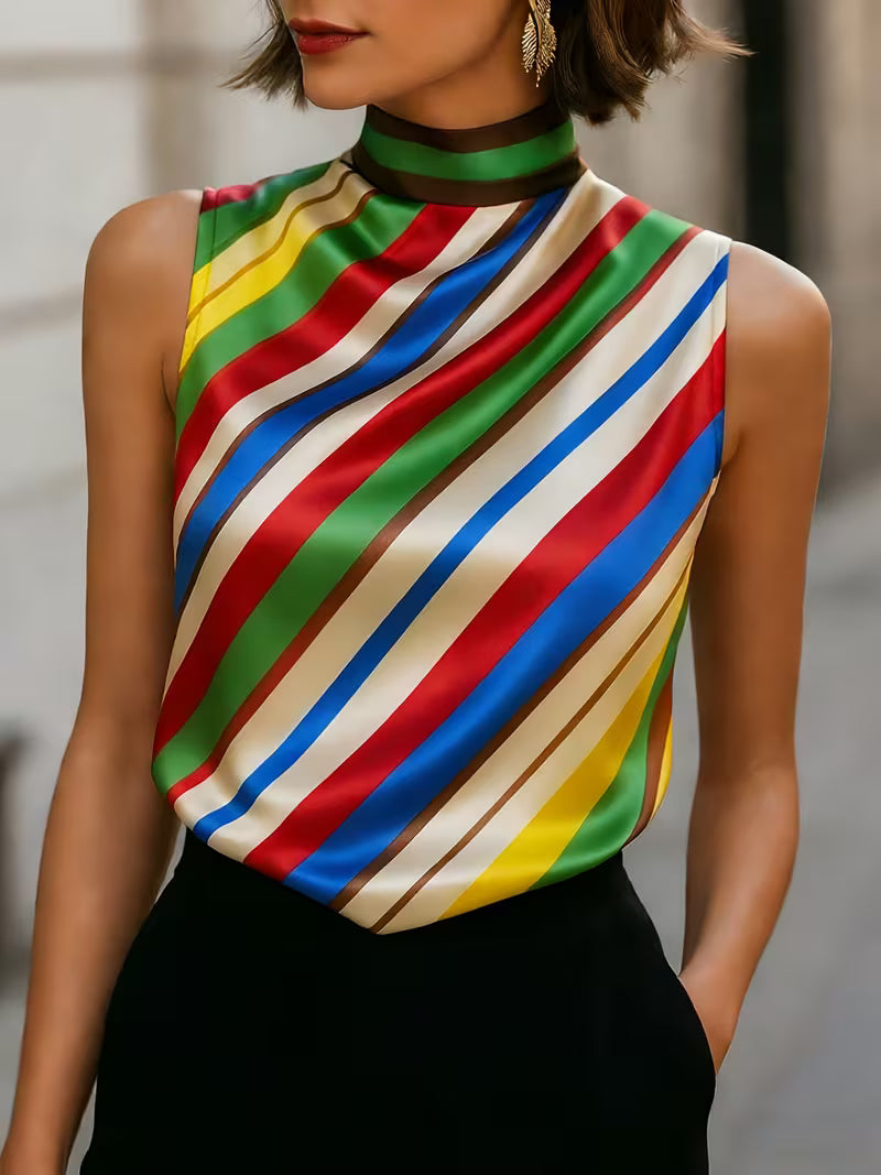 Alyza | Striped Satin High-Neck Sleeveless Top