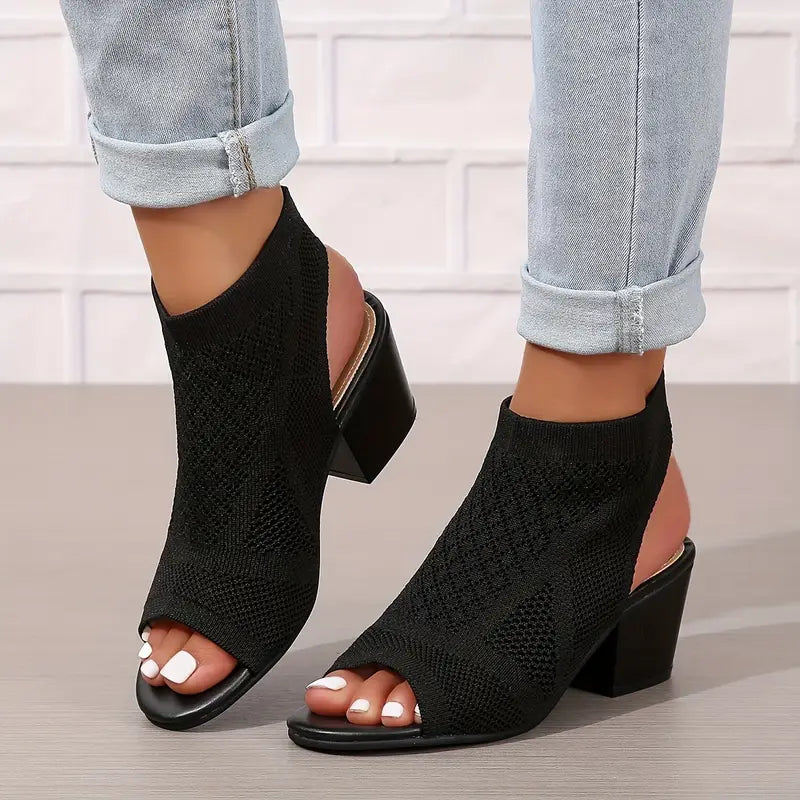 Velina | Peep Toe Knit Block Heel Sandals