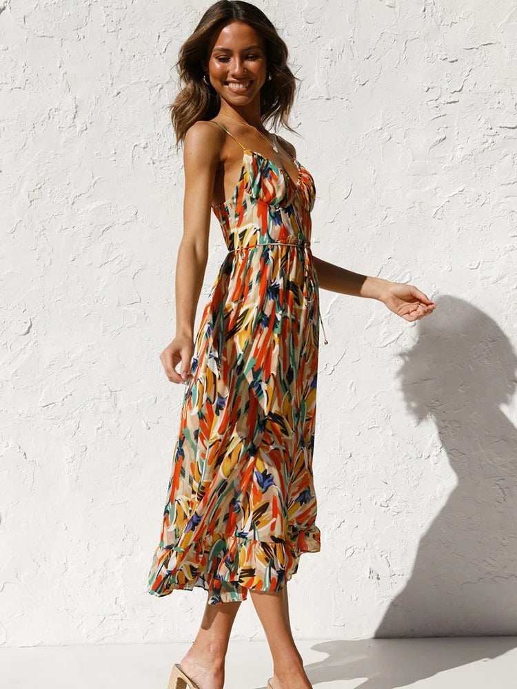 Emmeline | Printed Sleeveless V Neck Midi Dress
