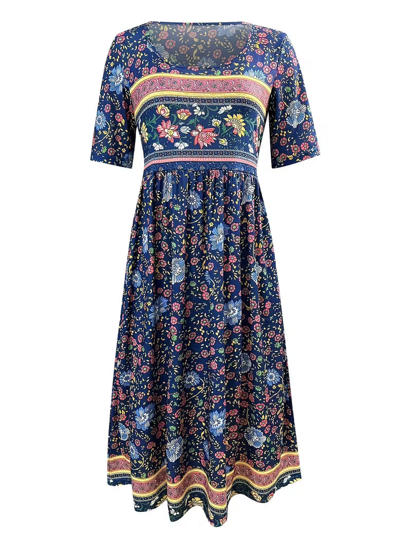 Lisan | Floral Print V-Neck Short Sleeve Midi Dress