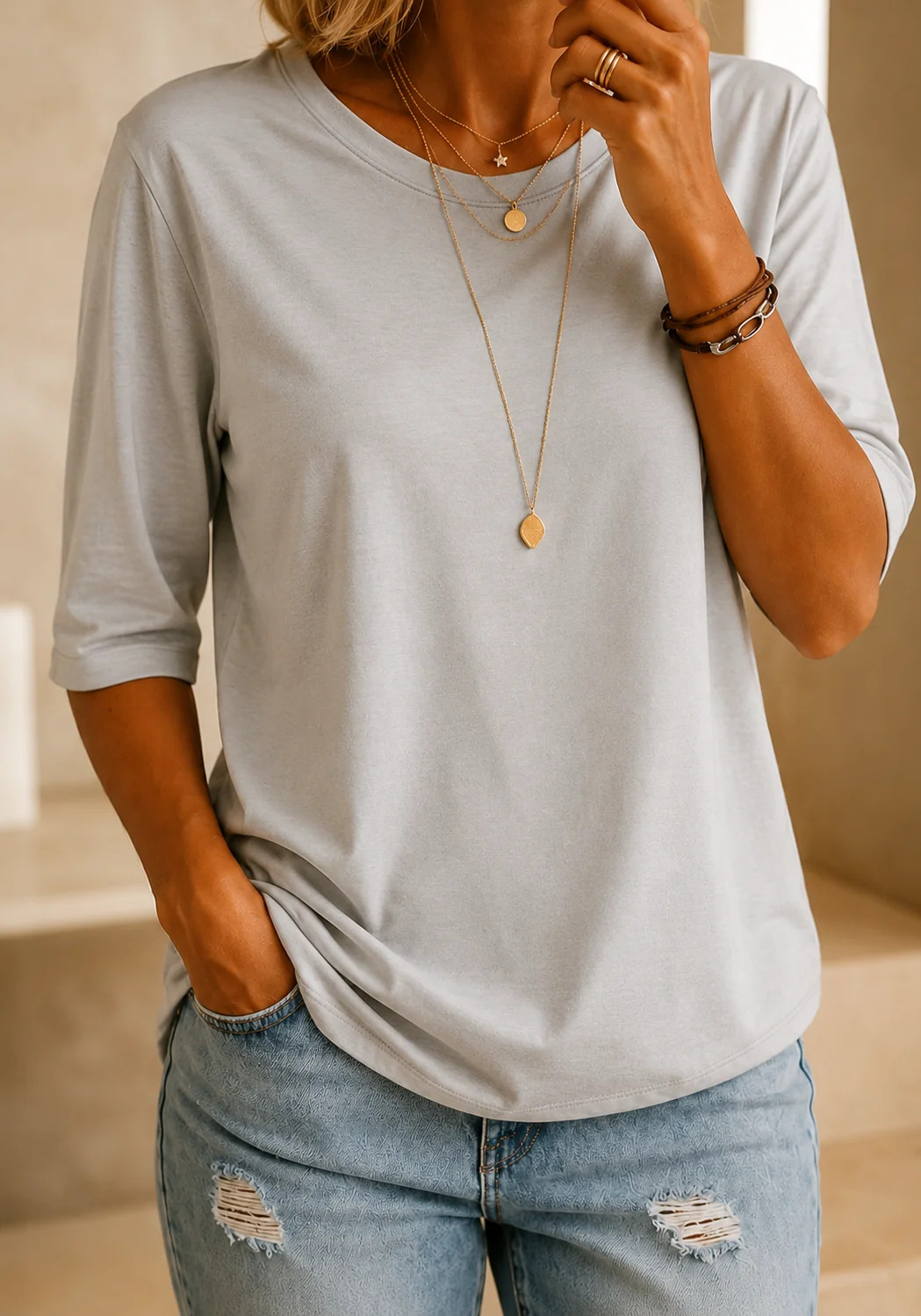 Alivea | Crew Neck Three Quarter Sleeve Top