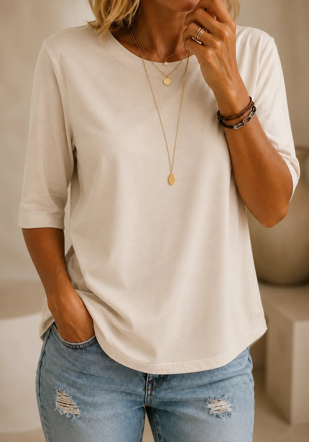 Alivea | Crew Neck Three Quarter Sleeve Top