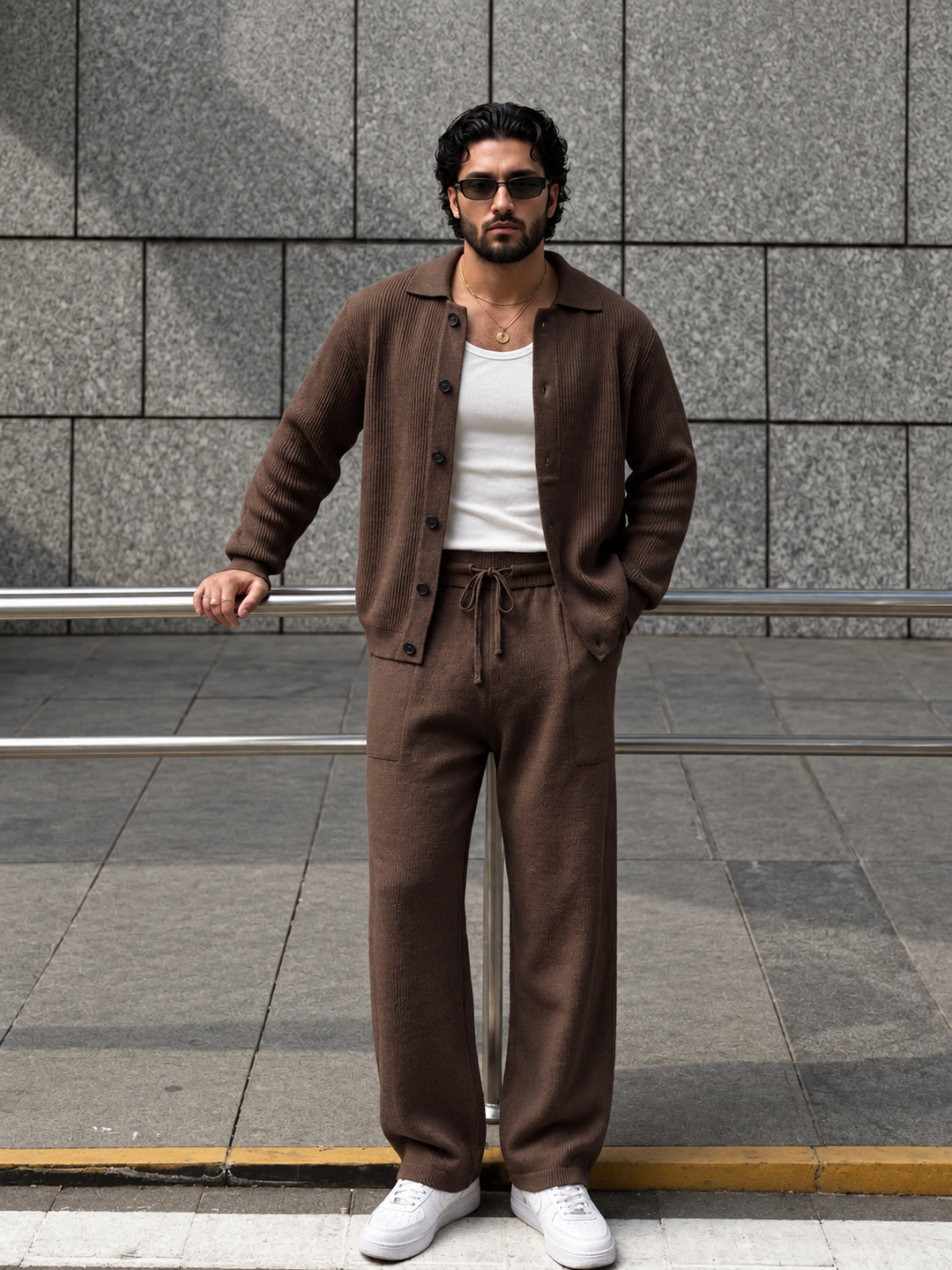 Andrej | Knit Set With Collared Cardigan Straight Pants