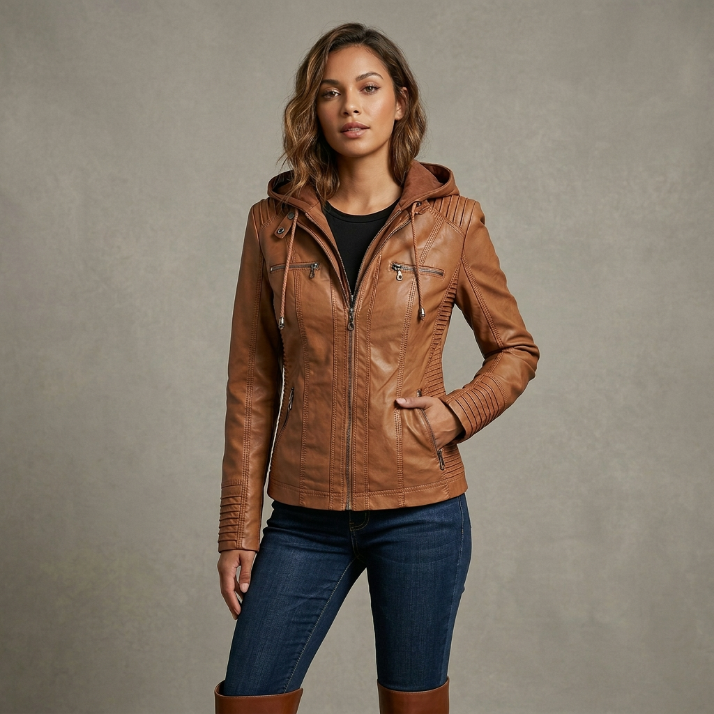 Neleena | Hooded Zipper Leather Look Jacket