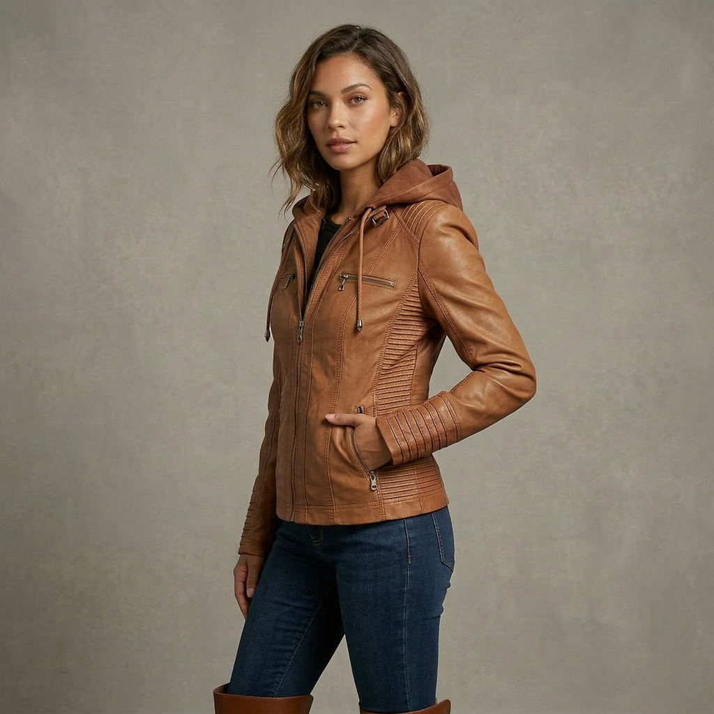 Neleena | Hooded Zipper Leather Look Jacket
