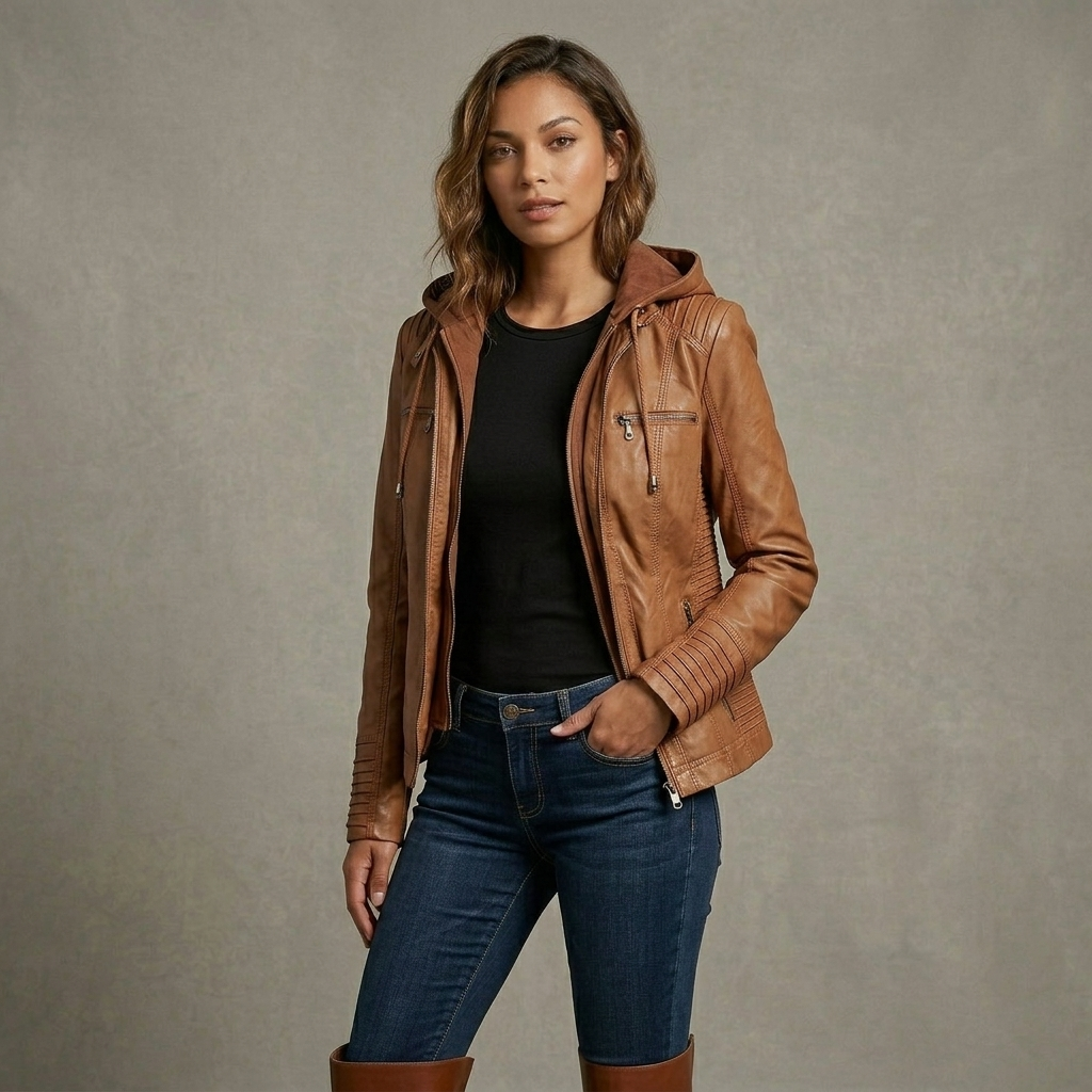 Neleena | Hooded Zipper Leather Look Jacket