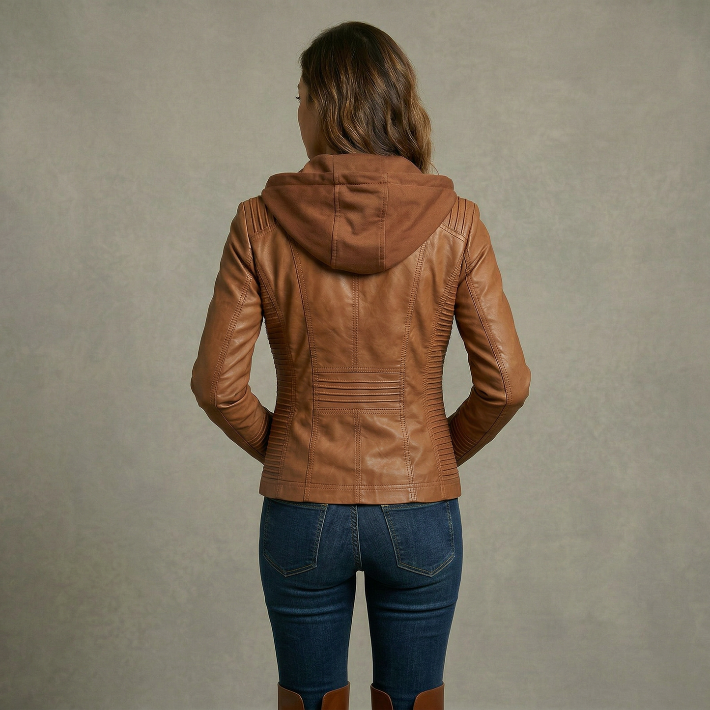 Neleena | Hooded Zipper Leather Look Jacket