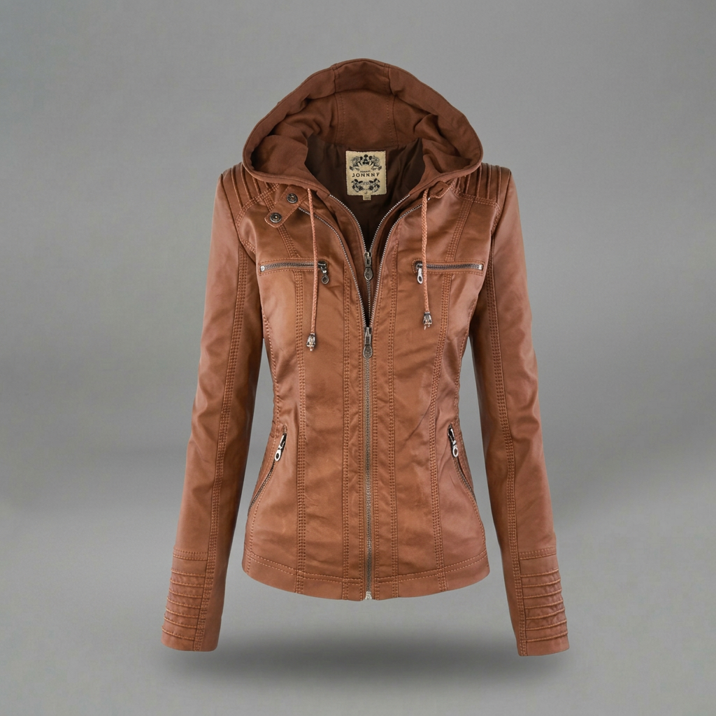 Neleena | Hooded Zipper Leather Look Jacket