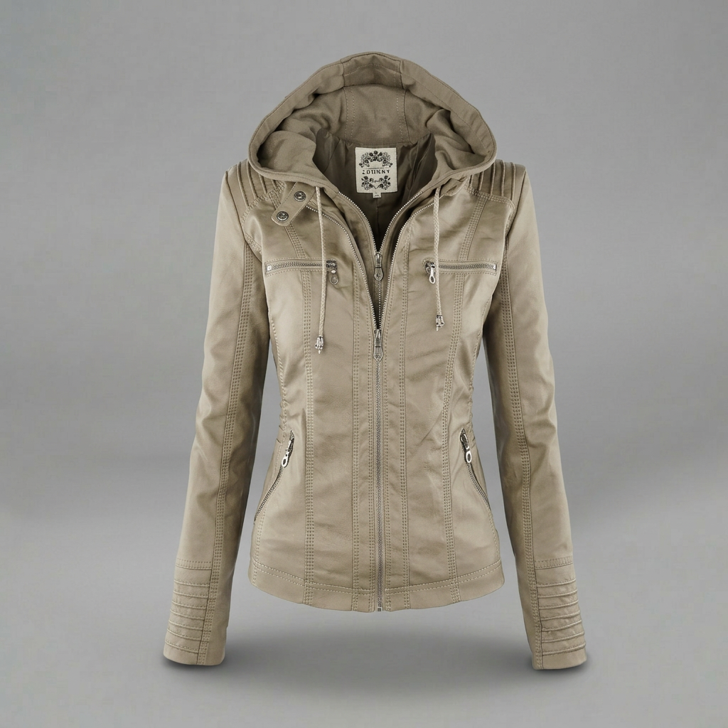 Neleena | Hooded Zipper Leather Look Jacket